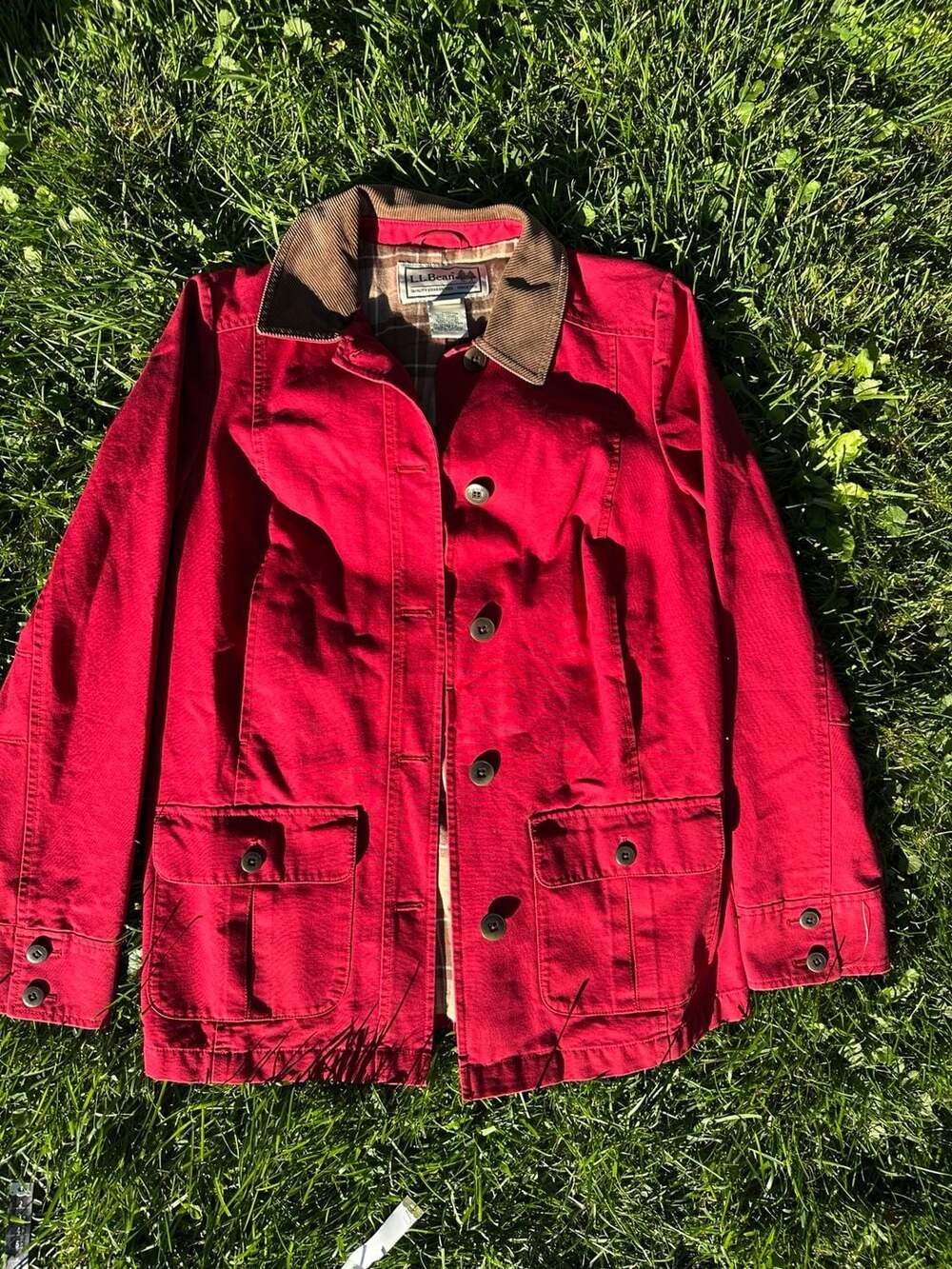 L.L. Bean Women's Red Field Coat Jacket Plaid Lining Corduroy Collar Size S REG